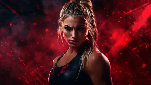 Athletic woman stares intensely against red smoke background