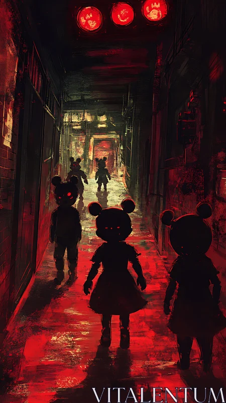 Crimson corridor of doll-headed shadows stalking the dark.