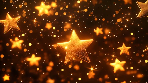 Glowing golden stars suspended in rich festive bokeh night.