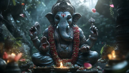 Ganesh statue in forest shrine with garlands and lamps.