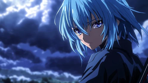 Stormlit anime swordswoman under turbulent nocturnal sky.