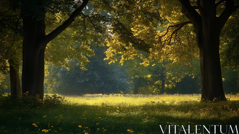Sunlit woodland glade with glowing summer canopy