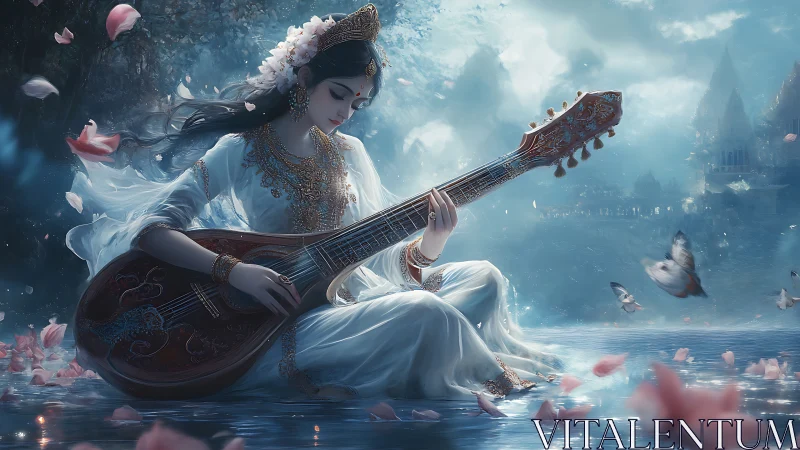 Goddess-like woman plays veena on water in moonlit scene.