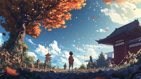 Child under autumn maple in sunlit Japanese temple courtyard.