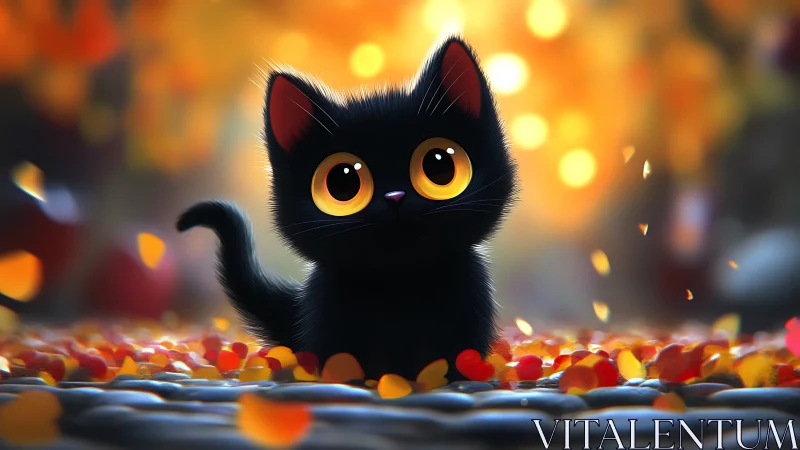 Black cat with golden eyes in ambient light setting