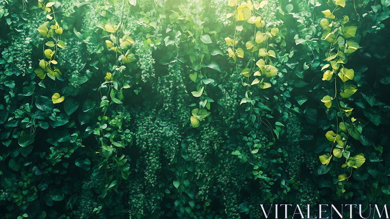 Sunlit green wall of cascading vines and gentle foliage.