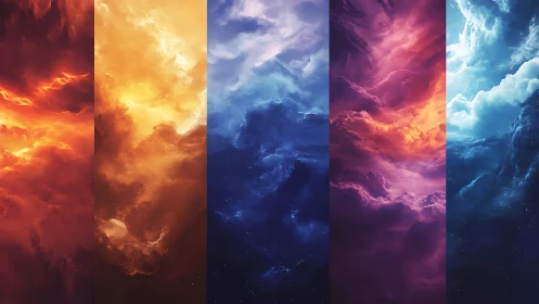 Elemental sky columns blend fire, storm, dusk, and aurora.