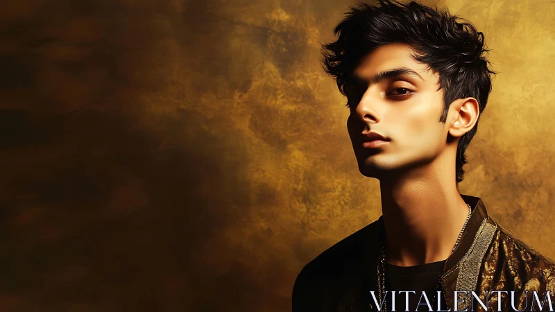 Cinematic side-lit portrait against textured golden backdrop.