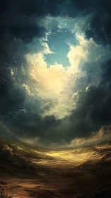 Stormlit desert plain unfolds under vast cloud vortex