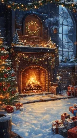 Snow covered room with lit Christmas fireplace and gifts