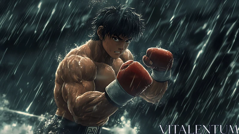 Muscular boxer fighter executing defensive stance in heavy rain.