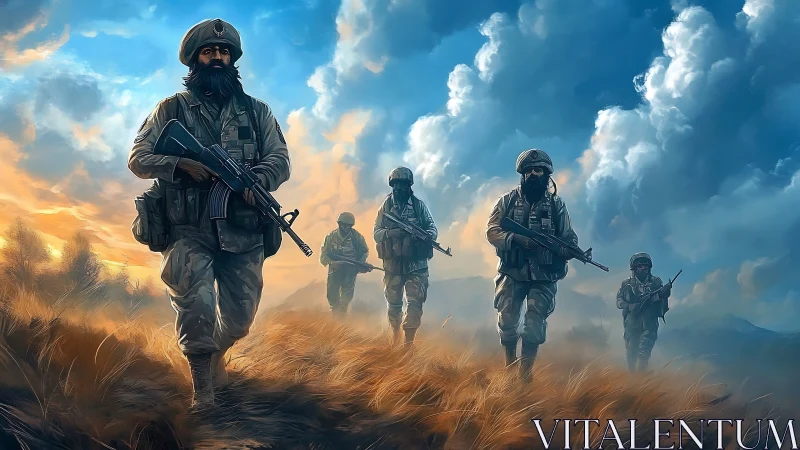 Stormbound patrol under ember clouds of the high plains.