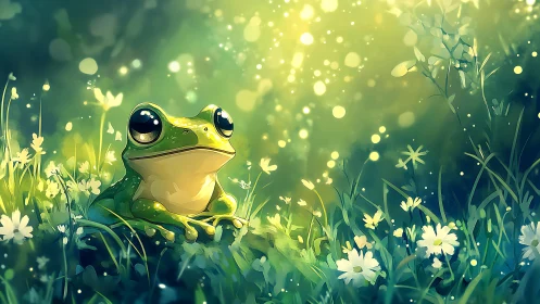 Bioluminescent-toned frog rendered in luminous meadow bokeh field