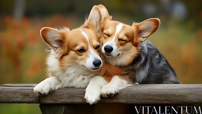 Two relaxed corgis share a tender cuddle in autumn light