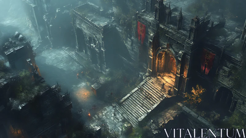 Ruined fortress gate glows over misty stone courtyard.