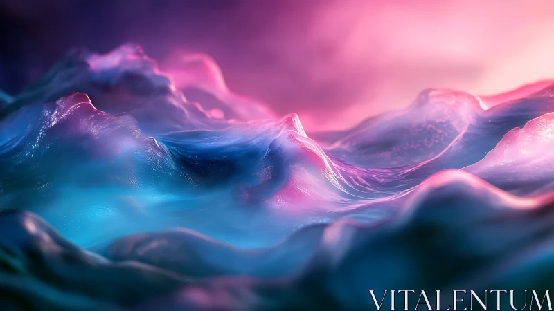 Iridescent liquid waves undulate under neon pink horizon glow