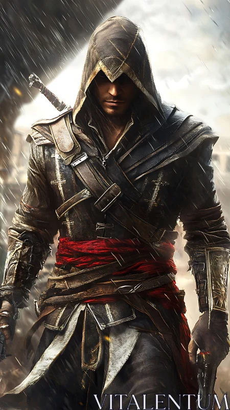 Storm-swept hooded warrior strides forward with quiet resolve