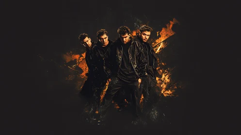 Quadruple male portrait in black jackets with fiery splatter backdrop