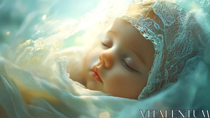 Peaceful sleeping baby wrapped in soft lace and light.