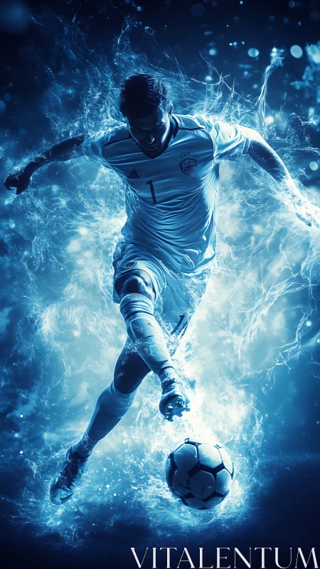 Dynamic electric soccer striker in blue energy digital art.
