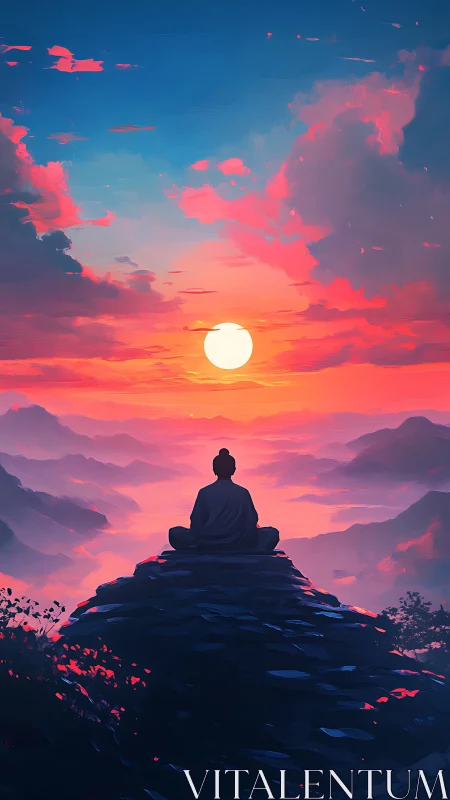 Meditative silhouette on peak under radiant neon sunset sky.