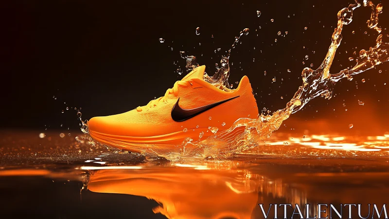 Orange running shoe slices water with dynamic splash lighting.