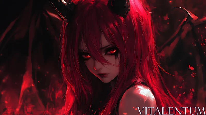 Ember-eyed demon girl brooding in scarlet emberscape.