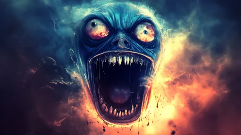 Demonic blue creature head erupts from fire in vivid contrast