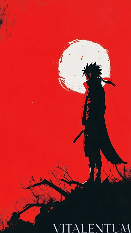 High-contrast samurai silhouette against textured red lunar backdrop