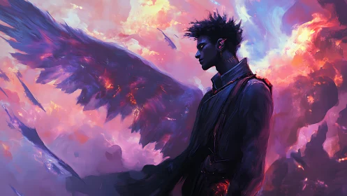 Winged figure stands in profile against vivid clouded sky