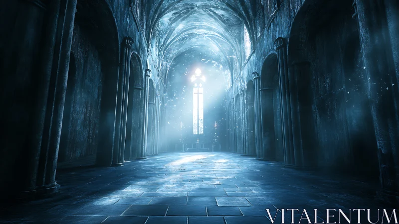 Gothic cathedral interior flooded with ethereal blue light