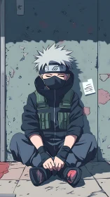 Masked anime ninja sits against cracked concrete wall