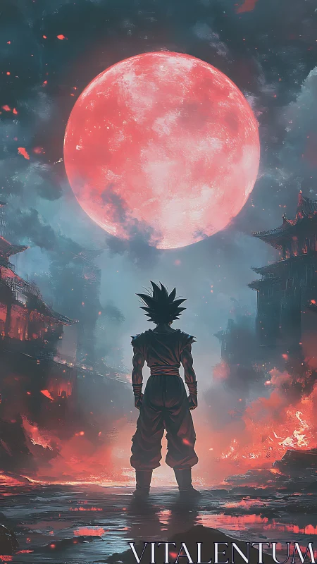 Lone warrior confronts a blood-red moon above burning ruins
