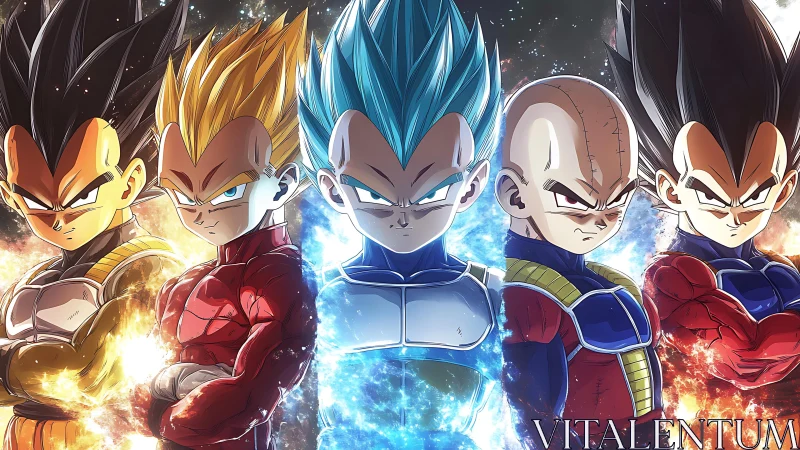 Saiyan warriors display evolving power forms in blazing auras.
