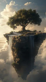 Lone tree on floating cliff with cascading edge waterfalls.