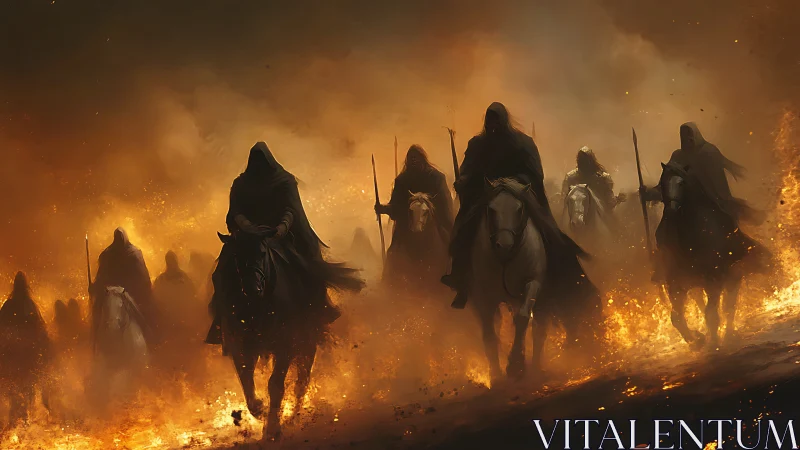 Dark riders emerging through blazing inferno at dusk.