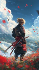 Samurai warrior on poppy hillside with dual katanas, backlit sky