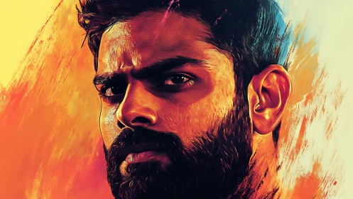 Digital portrait of bearded man with intense side lighting.