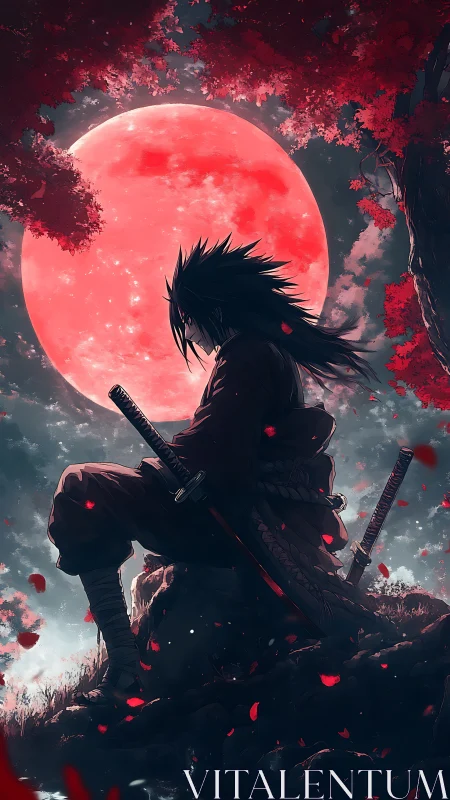 Scarlet moon ronin brooding beneath a storm of petals.