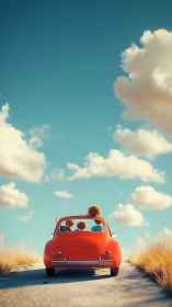 Stylized family road trip in red car under expansive sky