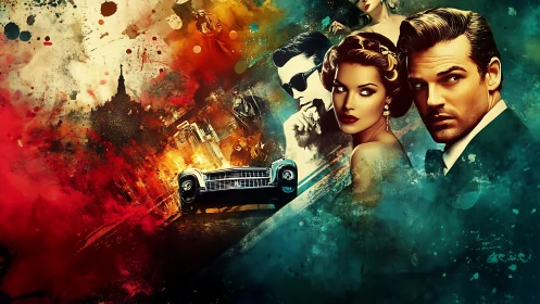 Cinematic noir couple and sleek car in bold city colors.