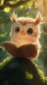 Adorable baby owl studies a book under glowing forest light.