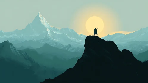 Quiet wanderer greeting the sunrise above icy peaks.