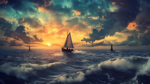 Sailboat crossing glowing waves under vivid sunset sky.