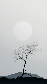 Solitary leafless tree silhouette before pale circular sun.