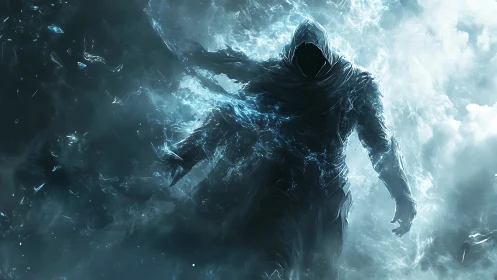 Hooded spectral warrior emerges from swirling icy void