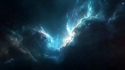 Radiant blue nebular cloud forms a luminous deep-space rift