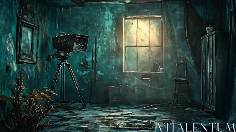 Forgotten film camera patiently watches the dusty teal room