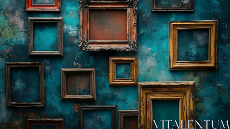 Empty vintage frames on distressed teal gallery wall grid.