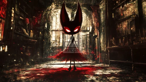 Sinister shadow creature in bloodlit gothic hallway scene.